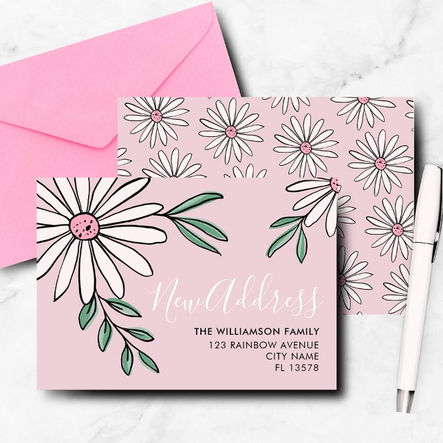 Modern Moving Announcement Floral Daisy (Modern botanical. floral daisy leaf, pink new address, moving announcement notecard. )