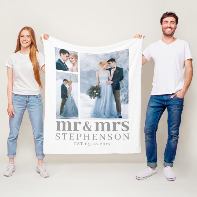 Modern MR AND MRS 3 Photo Wedding Keepsake Fleece (In Situ)