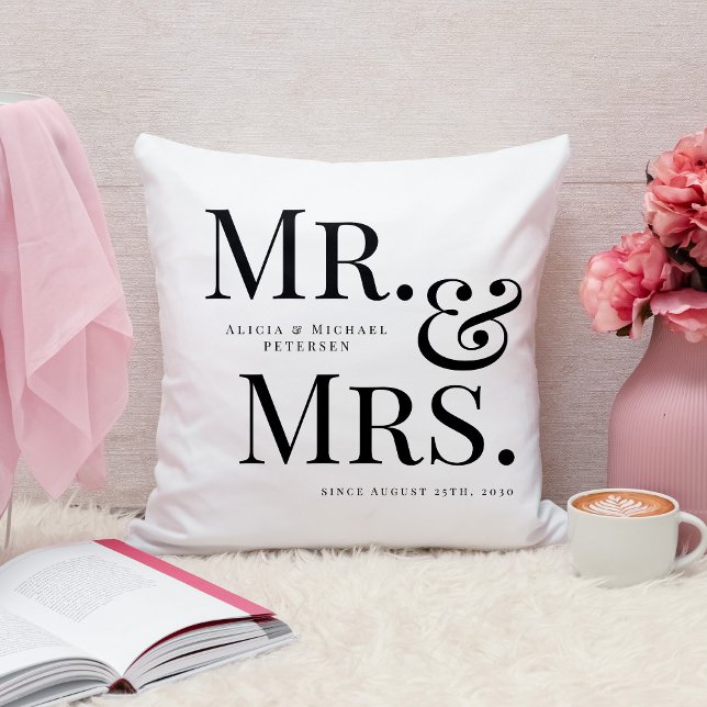 Modern Mr and Mrs custom name black and white Cushion (Creator Uploaded)