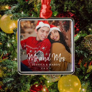 Modern Mr and Mrs Newlywed couple photo Christmas Metal Ornament