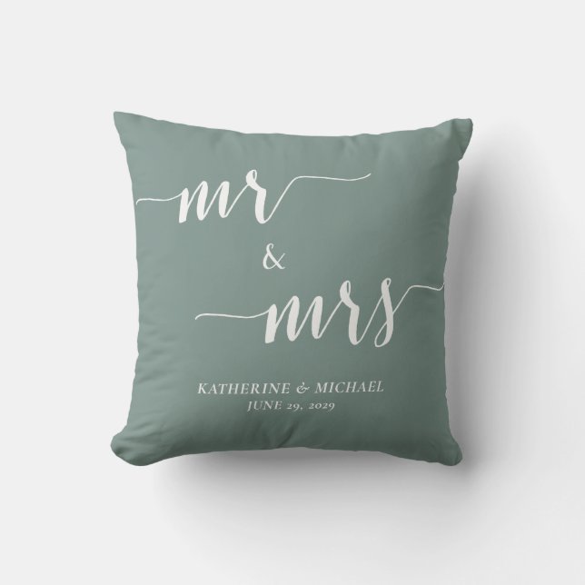 Modern Mr. and Mrs. Sage Green Wedding Pillow (Front)