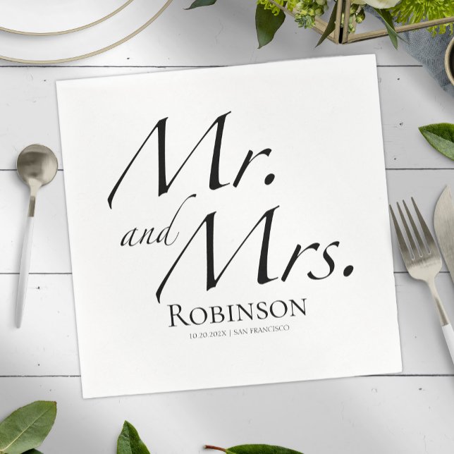 Modern Mr. and Mrs. Script | Black & White Wedding Napkin (Creator Uploaded)