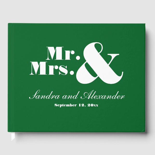 Modern Mr Mrs Chic Minimal Wedding Solid Green Guest Book (Front)