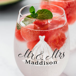 Modern Mr & Mrs Classic White Wedding Dress Stemless Wine Glass