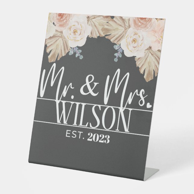 Modern Mr & Mrs Established Bohemian Wedding Pedestal Sign (Front)