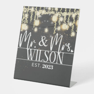 Modern Mr & Mrs Established Lights Wedding Pedestal Sign