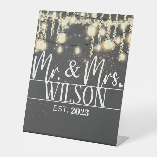 Modern Mr & Mrs Established Lights Wedding Pedestal Sign (Front)