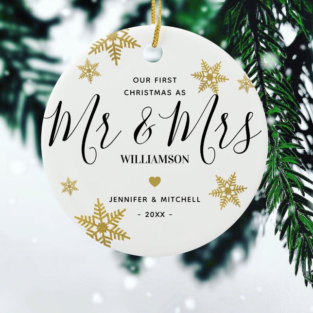 Modern Mr & Mrs Gold Snowflake Our 1st Christmas Ceramic Ornament (Creator Uploaded)