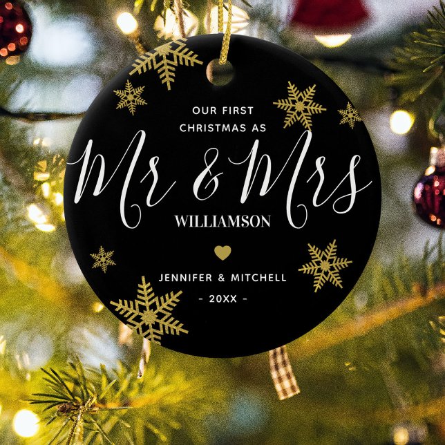 Modern Mr & Mrs Gold Snowflake Our 1st Christmas Ceramic Ornament (Creator Uploaded)