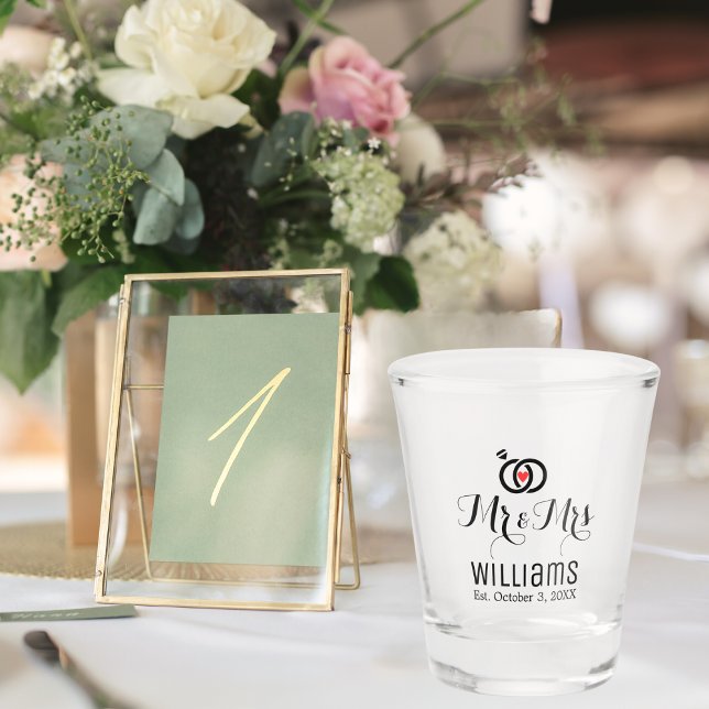 Modern Mr Mrs Name Date & Rings Design, Wedding Shot Glass (Creator Uploaded)