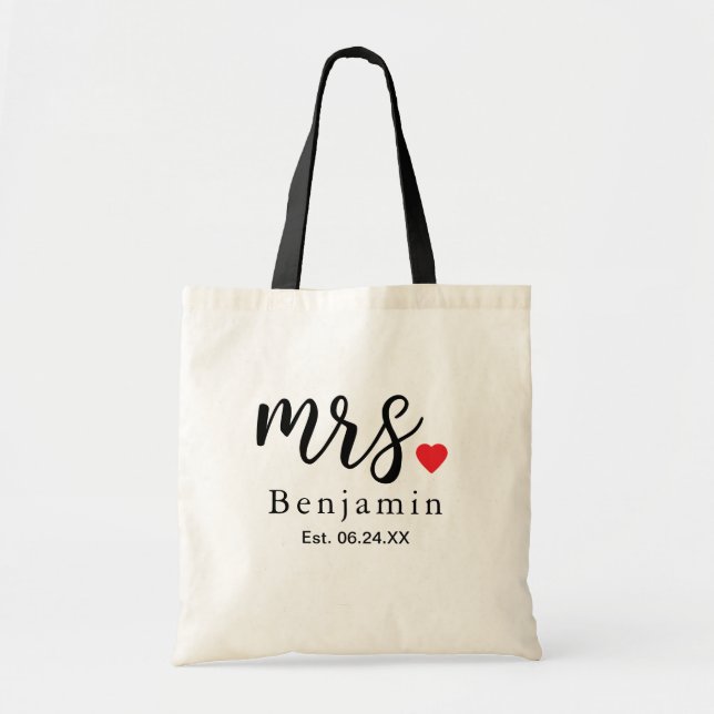 Modern Mrs Black Script Custom Wedding Tote Bag (Front)