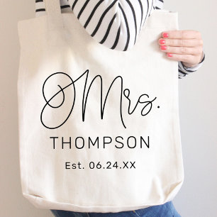 Modern Mrs Calligraphy Monogram Wedding Date Tote Bag