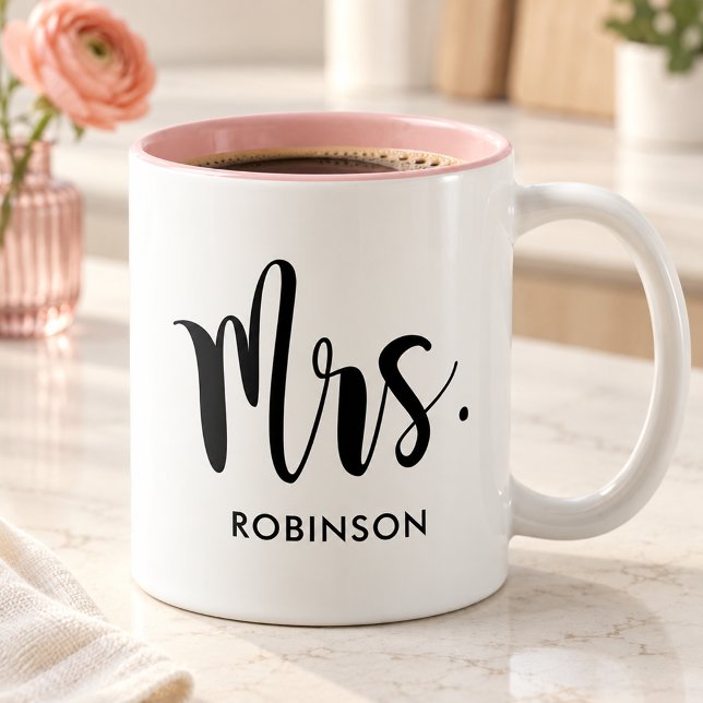 Modern Mrs Calligraphy Pink Monogram Two-Tone Coffee Mug (Creator Uploaded)