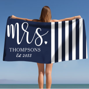 Modern Mrs. Script Nautical Navy & White Stripes Beach Towel