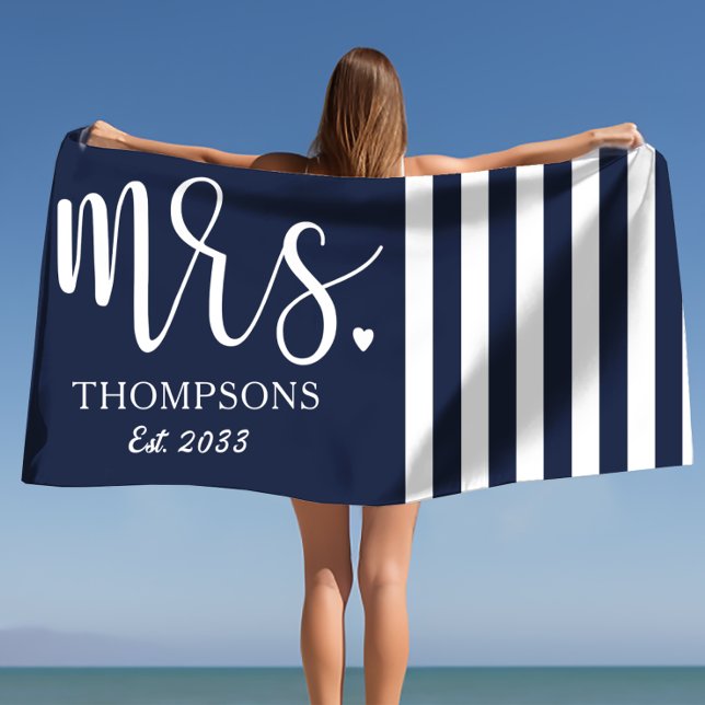 Modern Mrs. Script Nautical Navy & White Stripes  Beach Towel (Creator Uploaded)