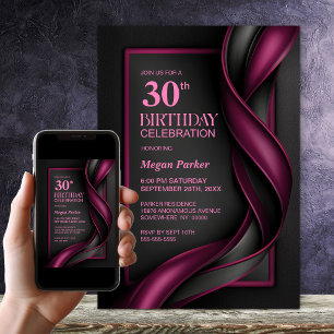 Modern Mulberry Red and Black 30th Birthday Party Invitation