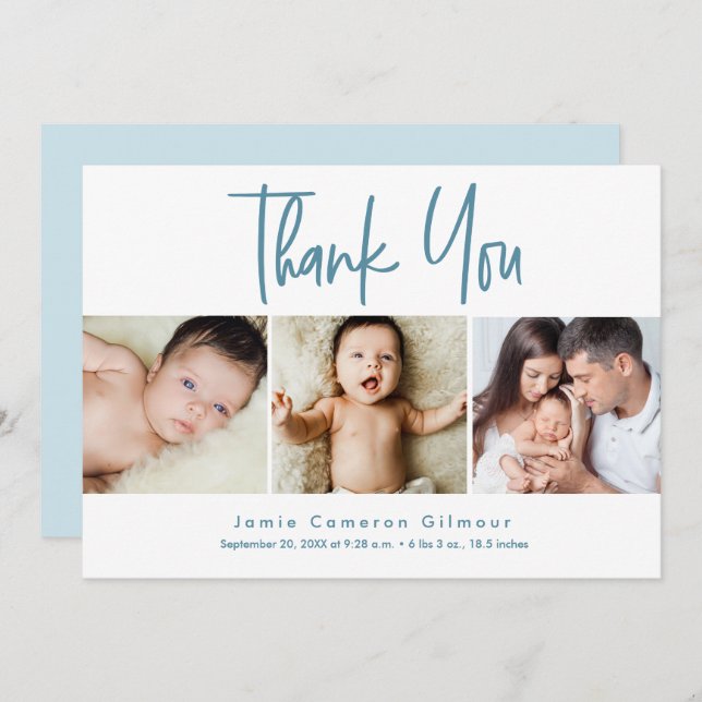 Modern Multi Baby Photos Newborn Birth Thank You Card (Front/Back)
