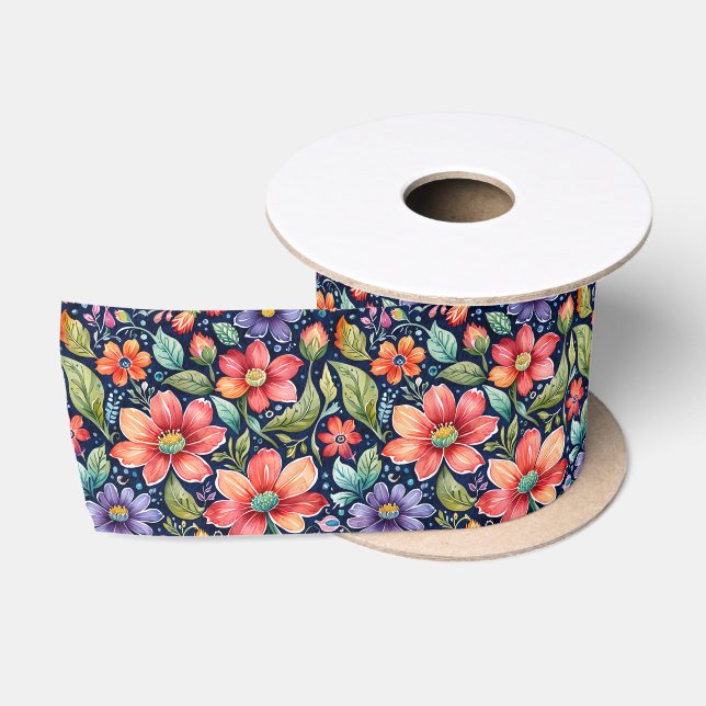 Modern Multi-colour Flowers Satin Ribbon (Spool)