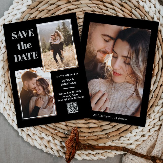 Modern Multi Photo Black and Grey | QR Code Save The Date (Creator Uploaded)
