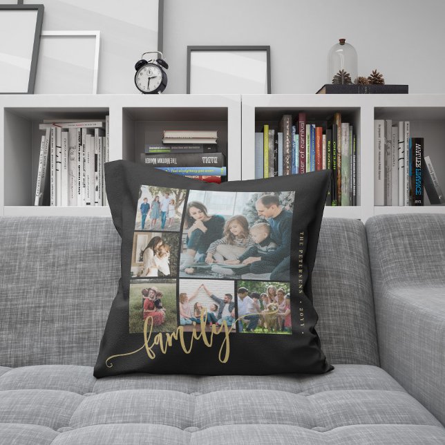 Modern multi photo collage family script keepsake cushion (Creator Uploaded)