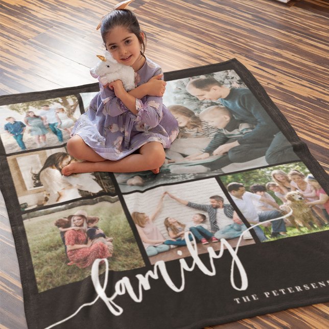 Modern multi photo collage family script keepsake fleece blanket (Creator Uploaded)
