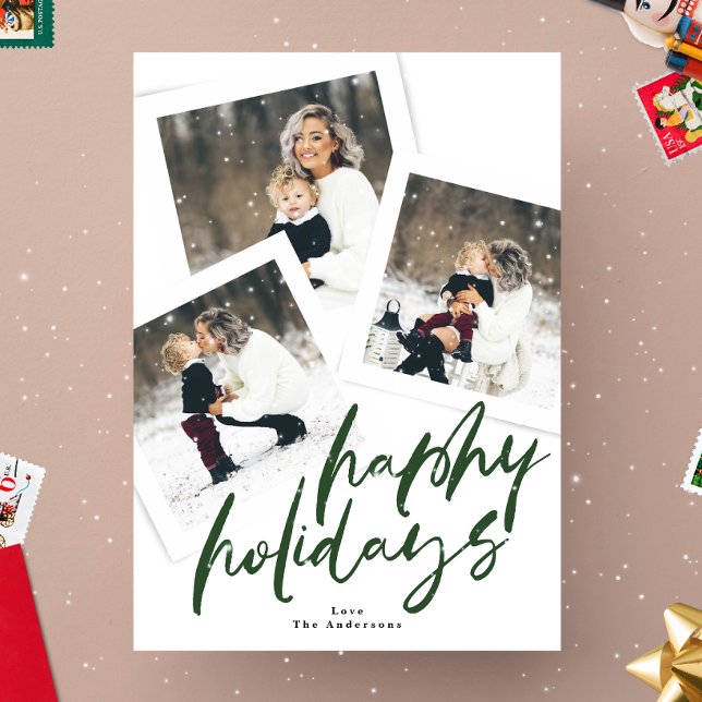 modern multi photo collage green brush happy holiday card (Creator Uploaded)