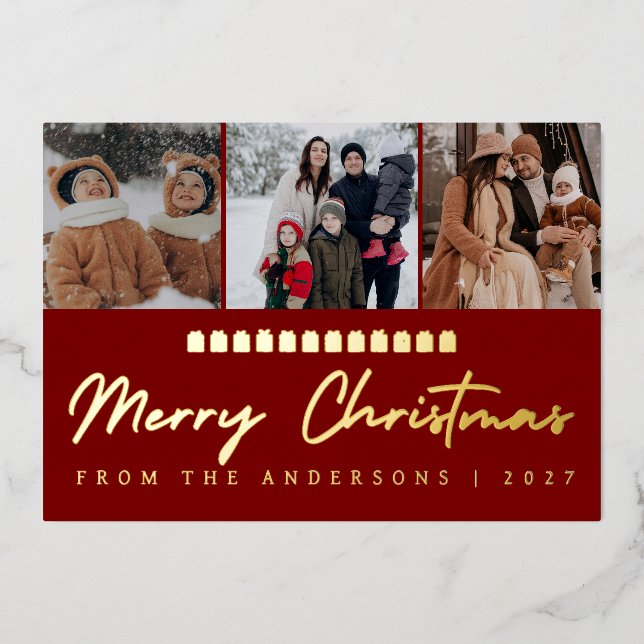 Modern Multi Photo Collage Merry Christmas Foil Holiday Card (Front)