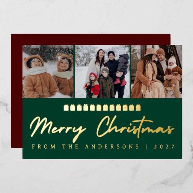 Modern Multi Photo Collage Merry Christmas Foil Holiday Card (Front/Back)