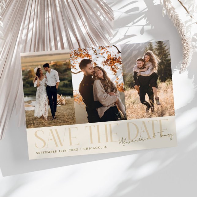 Modern Multi Photo Couple's Signature Cream Save The Date (Creator Uploaded)