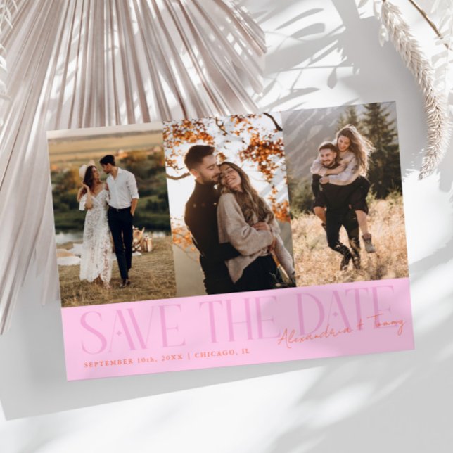 Modern Multi Photo Couple's Signature Orange Pink Save The Date (Creator Uploaded)