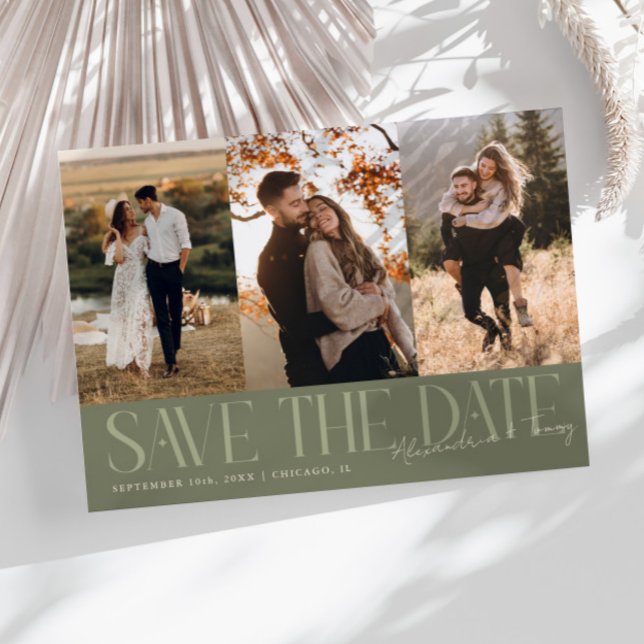 Modern Multi Photo Couple's Signature Sage Green Save The Date (Creator Uploaded)