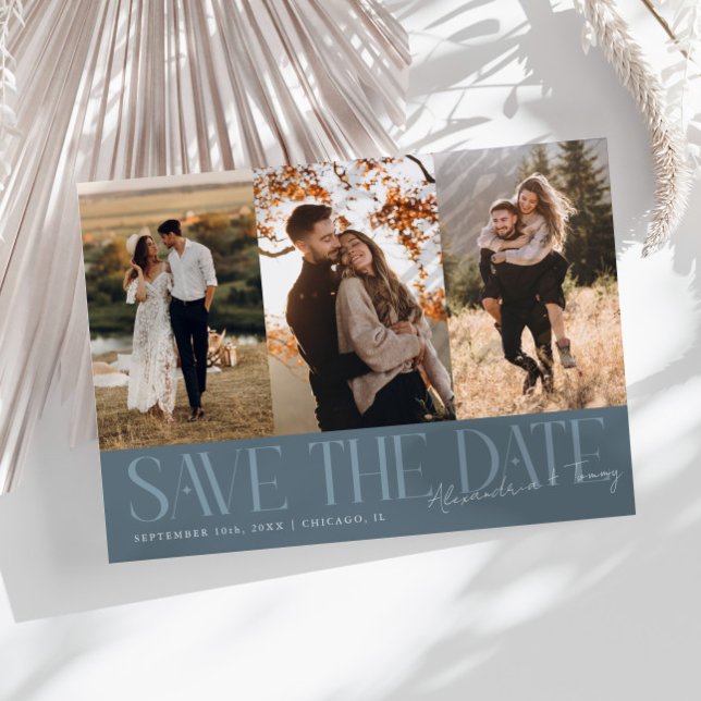 Modern Multi Photo Couple's Signature Slate Blue Save The Date (Creator Uploaded)