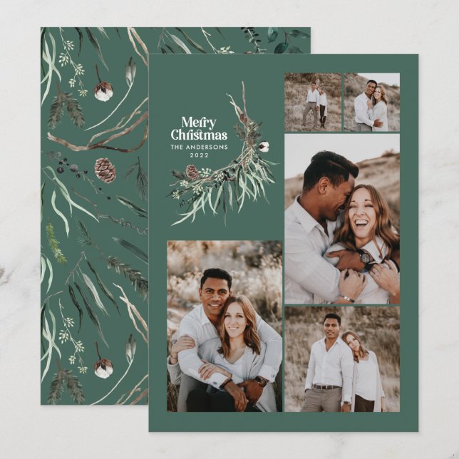 Modern multi photo elegant botanical sage green holiday card