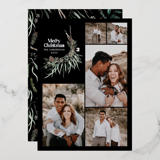 Modern multi photo elegant watercolor botanical foil holiday card (Front/Back)
