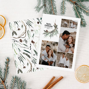 Modern multi photo elegant watercolor botanical ho holiday card