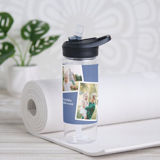 Modern multi photo family blue simple family gift water bottle (Yoga)