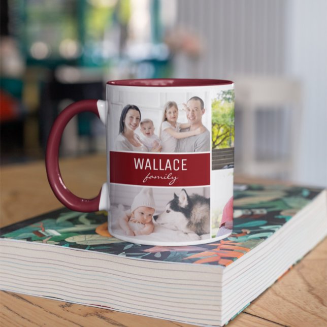 Modern Multi Photo Family Burgundy Red collage Mug (Customizable, modern, red white two tone family collage mug.)
