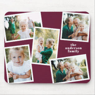 Modern multi photo family burgundy simple mouse pad