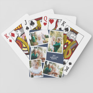 Modern multi photo family navy blue elegant playing cards