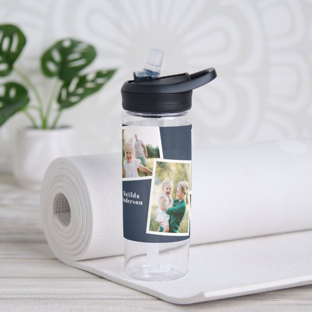 Modern multi photo family navy blue simple family water bottle (Yoga)