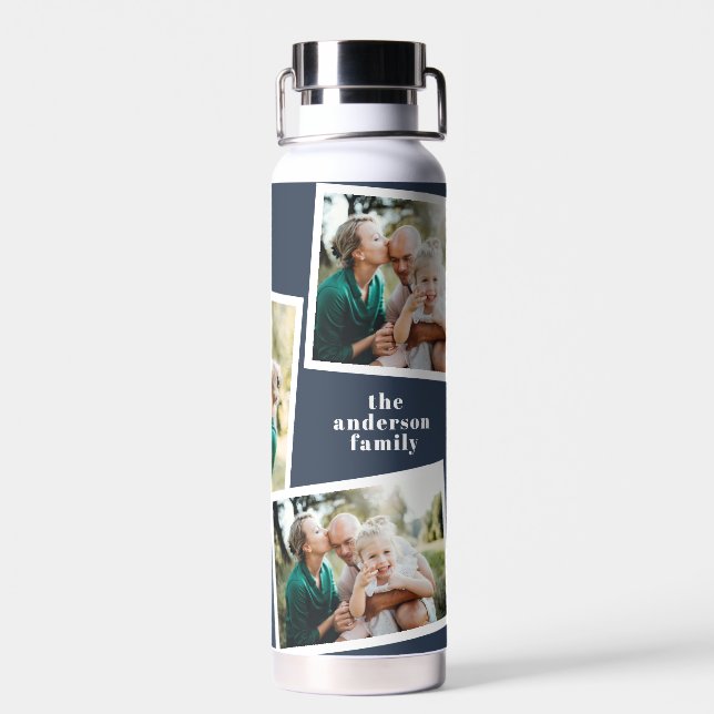 Modern multi photo family navy blue simple family water bottle (Back)