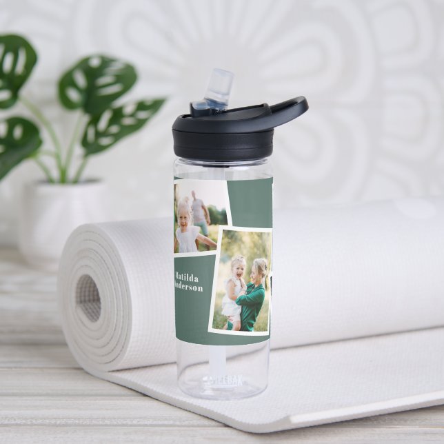 Modern multi photo family sage green simple family water bottle (Yoga)