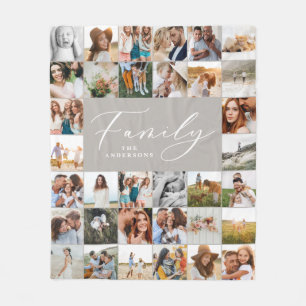 Modern multi photo grey script family elegant fleece blanket