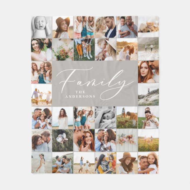 Modern multi photo grey script family elegant fleece blanket (Front)