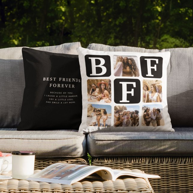 Modern Multi Photo Grid BFF Quote Black Cushion (Creator Uploaded)