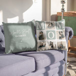 Modern Multi Photo Grid Cute MOM Gift  Cushion<br><div class="desc">Create your very own MOM pillow with this modern multi-photo grid collage and text. Design features 6 Photographs with curved corner squares with the text MOM in teal blocks that can be changed to any color. On the reverse the text 'World's Best Mommy' with a cute mother quote that can...</div>