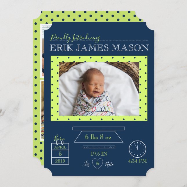 Modern Multi Photo Simple Elegant Newborn Boy Stat Invitation (Front/Back)