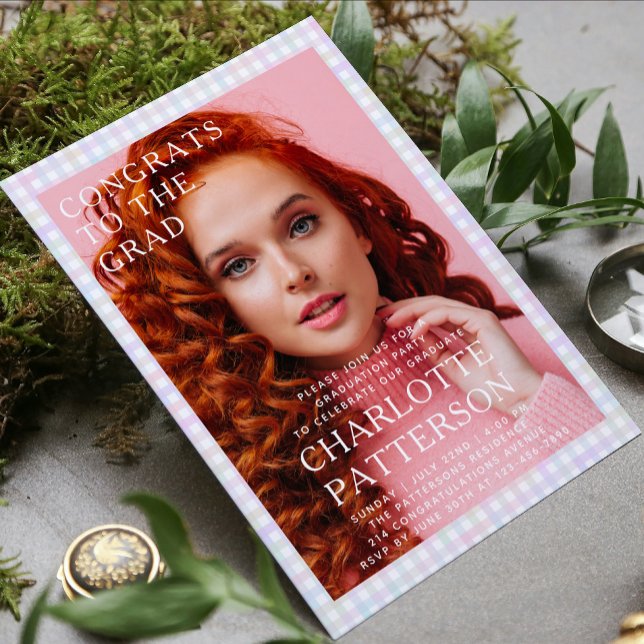 Modern Multicolor Gingham Photo Graduation Party Invitation (Creator Uploaded)