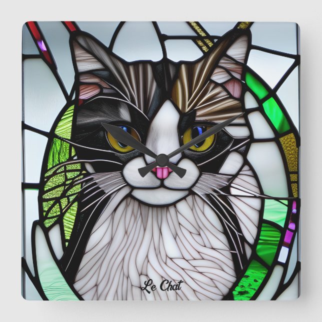 Modern Multicolor Stained Glass Cat Square Wall Clock (Front)