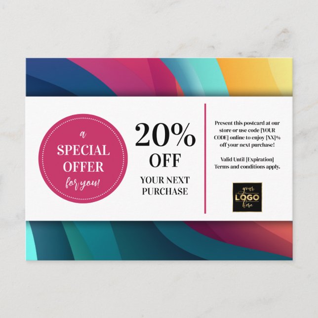 Modern Multicolor Swirls Coupon Discount Postcard (Front)